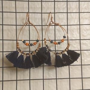Oval Blue, Orange, Gold Tassel Fringe Earrings